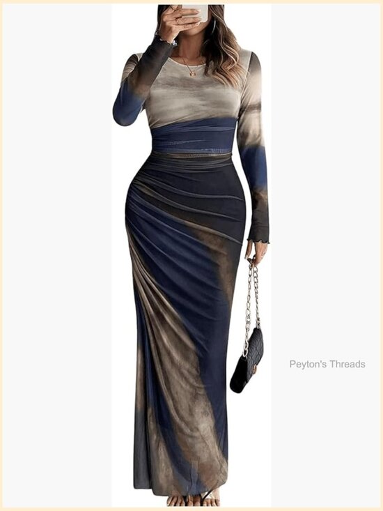 Dresses & Skirts - Long Sleeve Maxi Bodycon Dress Tie Dye Ruched Mesh Layer Prom Formal Wedding